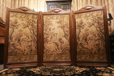 【家與收藏】稀有珍藏歐洲百年古董19世紀法國莊園手工木雕精緻羅曼史情侶刺繡大屏風