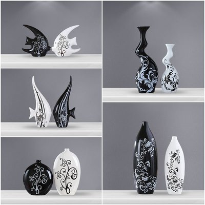 陶瓷黑白花瓶簡約擺件 現代工藝品 家居客廳臺面電視柜~特價