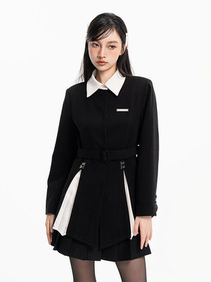 PUNCH 23SS春季假兩件黑色收腰西裝設計感格子外套西服女