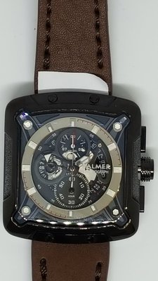 【成吉思汗精品】BALMER 賓馬王黑石英錶方型黑框真牛皮咖啡色錶帶三眼帶日期藍寶石鏡面7982cr