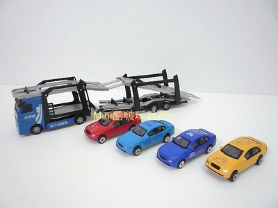 Mini酷啵玩具館~工程系列~多啦A夢-合金拖板車組~拖車+4小車-合金車-子母板車