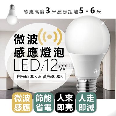 【四方圓LED照明】樂亮 微波感應燈泡 12w 白光/黃光 E27燈座 感應3-6m 亮30秒 感應燈泡