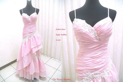 【時尚屋婚紗禮服】粉色露肩法式時尚設計師窄擺造型款《二手禮服》～Ｂ６０９(歡迎預約試穿)