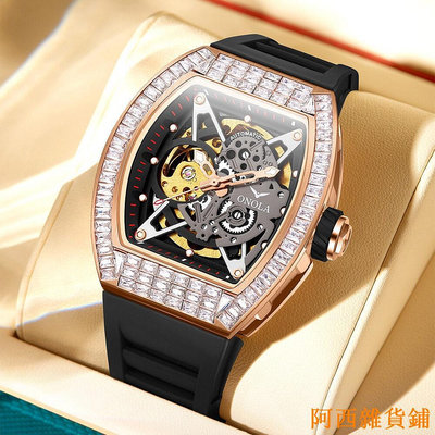 阿西雜貨鋪Onola N3838F 2023新款方形鑽石男士手錶鏤空自動機械表男士矽膠錶帶防水時尚休閒手錶