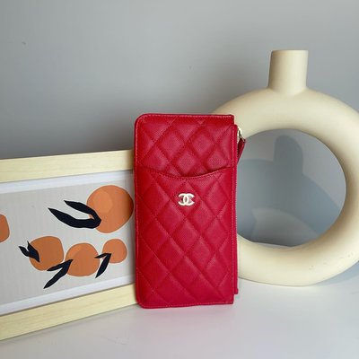 【翰貝格名牌館】全新真品 Chanel 紅色 菱格 荔枝紋 牛皮 金CC 5卡  拉鍊 手機包 AP0225