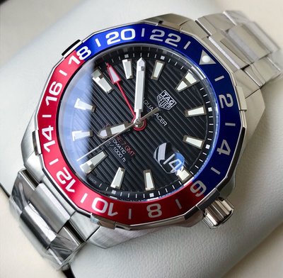 TAG HEUER Aquaracer GMT Calibre 7 紅藍圈 黑色面錶盤 銀色不鏽鋼錶帶 男士 自動機械錶 WAY201F.BA0927