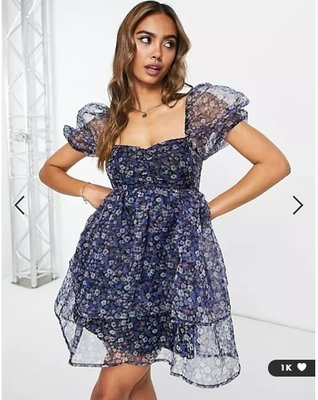 (嫻嫻屋) 英國ASOS-The Frolic碎花圖案方領泡泡袖分層裙藍色歐根紗洋裝PH22