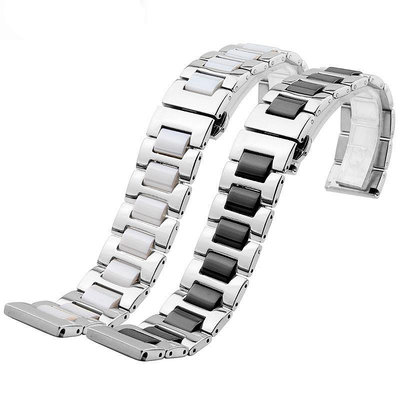 代用錶帶 黑 白色 三珠不銹鋼鋼間陶瓷錶帶 配件16 18 20mm手錶帶現貨批發