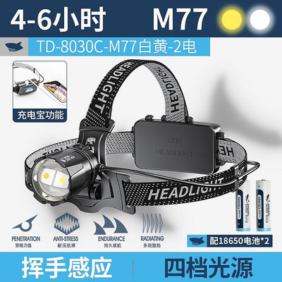 微笑鯊 TD8030 感應頭燈 M77 8400LM 頭戴式頭燈 黃白雙光源Type-C充電變焦戶外防水狩獵釣魚照明