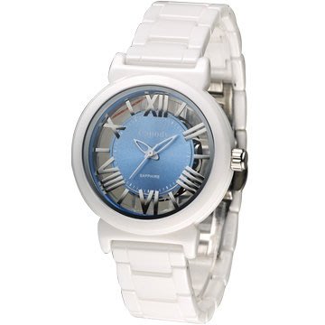 Canody 都會儷人 雙鏤空時尚陶瓷腕錶(CB1220-1C)-白x水藍/35mm