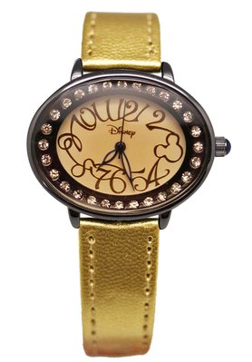 【卡漫迷】 特價55折出清 米奇 花紋 水鑽 手錶 金色 ㊣版 Mickey 米老鼠 橢圓 迪士尼 女錶 皮革 個性