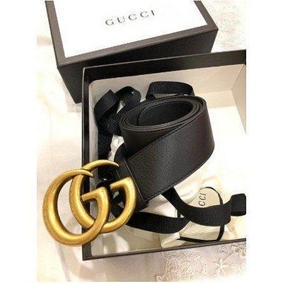 GUCCI 古銅配色 金色雙G logo 黑色牛皮 皮帶 腰帶 400593