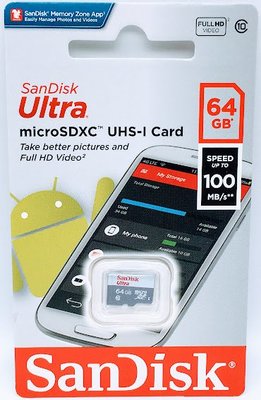 SanDisk Ultra microSDXC 64GB 記憶卡〔無轉卡〕TF 64G UHS-I C10 100MB/s 公司貨 SDSQUNR