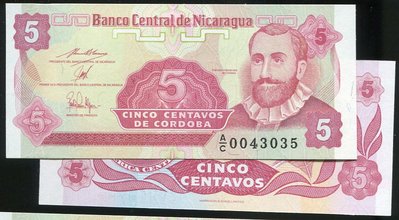 NICARAGUA (尼加拉瓜紙鈔)， P168 ， 5-CENT ， 1991 ，品相全新UNC