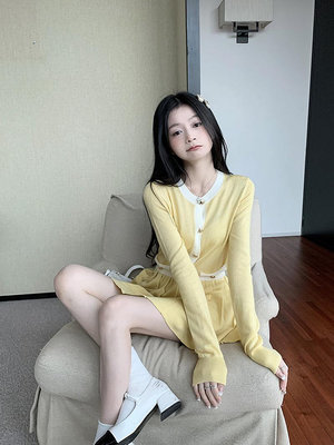 [預購]韓 小香風鵝黃色套裝針織衫裙