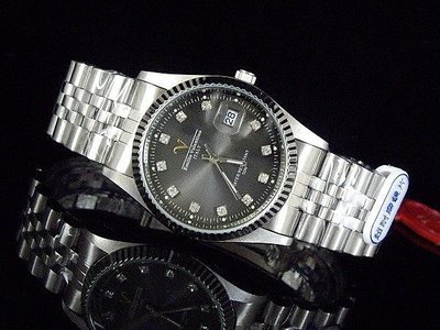 女錶～Emilio Valentino 范倫鐵諾全不鏽鋼蠔式型石英錶水晶鑽刻度 黑灰鋼面盤