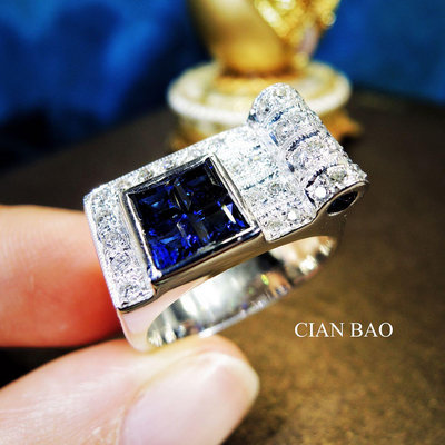 藍寶石高級珠寶設計 方形2.34克拉天然藍寶石鑽戒 附:保證書