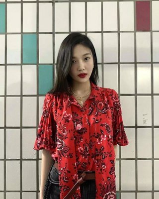 美人魚~Joy樸秀榮同款紅色襯衫碎花復古印花短袖寬松襯衣系帶2021夏季女