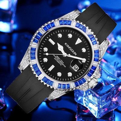Kimsdun新款鑲鑽黑水鬼自動機械表時尚夜光男錶防水錶k-1268a矽膠