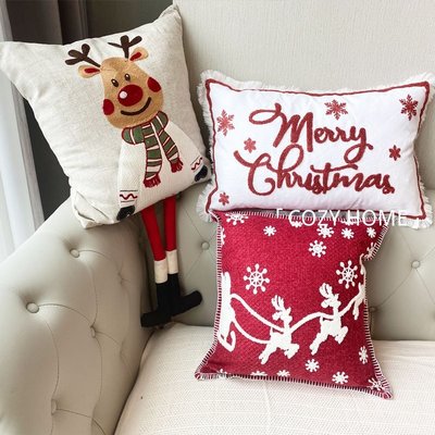 COZY HOME 抱枕 刺繡抱枕套 耶誕節抱枕 耶誕節裝飾 沙發靠墊套 泰迪絨繡花抱枕套 節日抱枕 耶誕節禮物