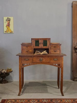 【卡卡頌  歐洲古董】Antique! 法國 手工 老橡木 鑲嵌玻璃 純銅雕刻把手 百年 書桌 寫字桌 t0396 ✬