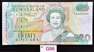 【週日21:00】32~G98~紐西蘭1992年20元紙鈔1張，如圖