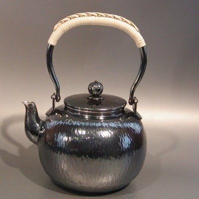 日本茶道 純手工秀峰堂藤編銅銀湯沸鎚目湯沸 黃銅鍍銀茶壺