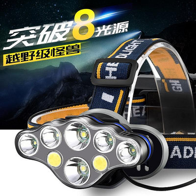 八核強光頭燈LED+COB頭燈T6頭戴式戶外電筒充電泛光燈 18650 頭燈
