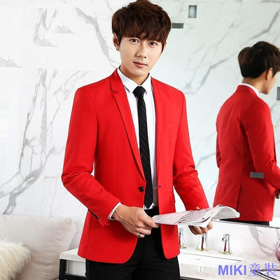 MK童裝男士紅色西裝外套緊身婚慶禮服休閒男韓版年會表演表演潮大紅西裝