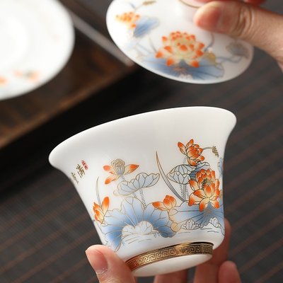 【熱賣精選】蘇氏陶瓷 國潮茶碗 功夫茶具 羊脂玉白瓷三才蓋碗 中式荷花敬茶碗
