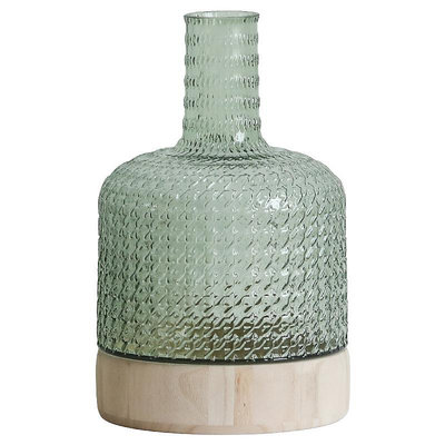 法式玻璃花瓶擺件客廳插花木底座紋理ins風小口徑綠色透明花器瑤瑤小鋪