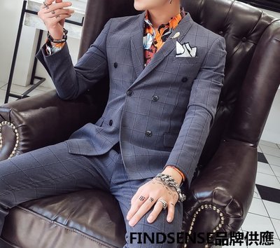 FINDSENSE品牌 四季款 新款 日本 男 經典格子 雙排釦 商務 時尚  西裝外套 西裝褲 兩件套 潮流西服套裝