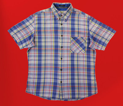Marlboro Classics 藍/粉格紋 短袖棉質襯衫 (XL) (一元起標 無底價)