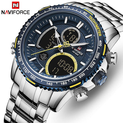 領翔NAVIFORCE頂級品牌男士軍事運動手錶男士LED模擬數字手錶男軍隊不銹鋼石英鐘