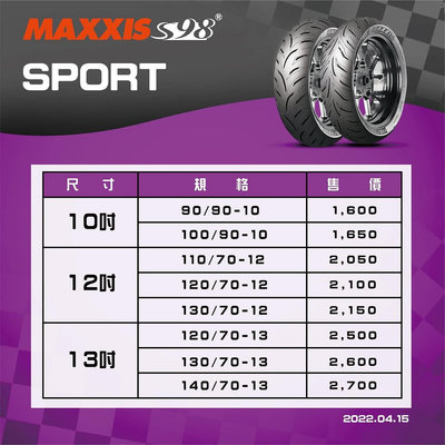 天立車業 瑪吉斯S98 SPORT 輪胎 110-70-12  網路價 $2050 元