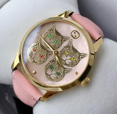GUCCI G-Timeless 貓咪圖樣 珍珠貝母錶盤 粉色皮革錶帶 石英 女士手錶 YA1264132