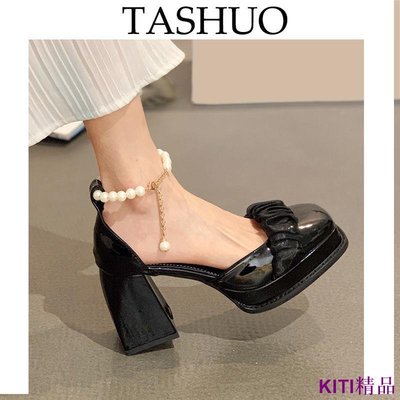 KITI精品TASHUO 大尺碼43 超高跟涼鞋女2023夏季網紅新款粗跟復古法式珍珠一字帶瑪麗珍單鞋42
