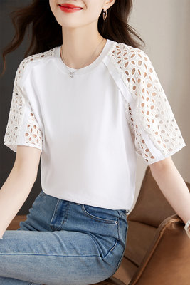 法式白色鏤空短袖T恤女2023夏季純棉設計感圓領上衣
