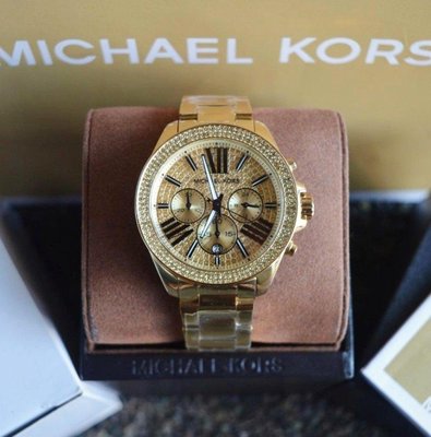 MICHAEL KORS 晶鑽錶盤 金色不鏽鋼錶帶  石英 三眼計時 女士手錶 MK6095