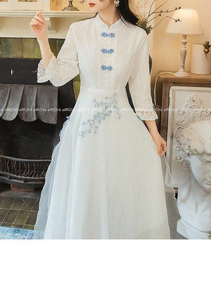 清新甜美改良式旗袍盤釦 脫俗白色蕾絲高腰連身洋裝超值-簡單女裝