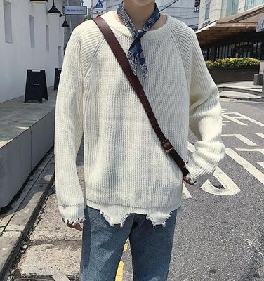 FINDSENSE Z1 韓國 時尚 潮 男 寬鬆 純色 破壞破洞 毛衣 針織襯衫 外套 上衣