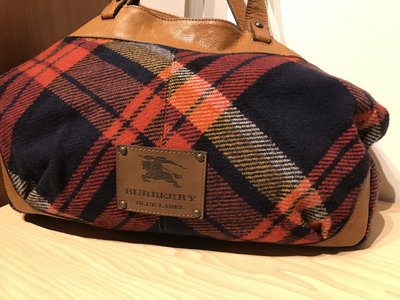 Burberry BlueLabel絕版藍標日本製專櫃購入 紅色經典格紋羊毛+皮革 超大容量手提包（1904新進貨）