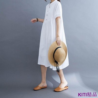 KITI精品ANNA4月洋裝2022夏季新款大尺碼女裝藝文寬鬆立領棉麻短袖洋裝女