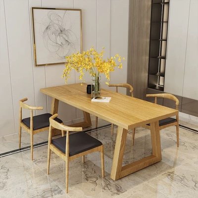 現貨-北歐全實木餐桌現代簡約餐桌椅組合小戶型家用飯桌長方形洽談桌子-簡約