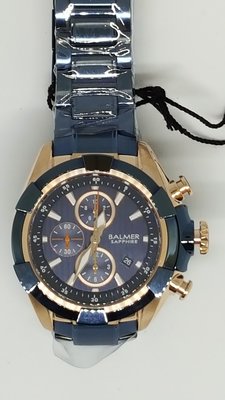 【成吉思汗精品】BALMER賓馬王玫瑰金框藍鋼錶帶藍寶石鏡面型號：8112外框鉚釘設計