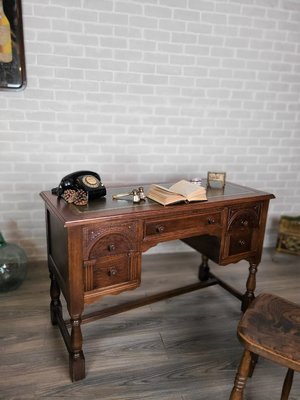 【卡卡頌  歐洲古董】英國 皮面 燙金邊 橡木 實木 拱門雙柱 雕刻 書桌 寫字桌 櫃台  歐洲老件 t0254 ✬
