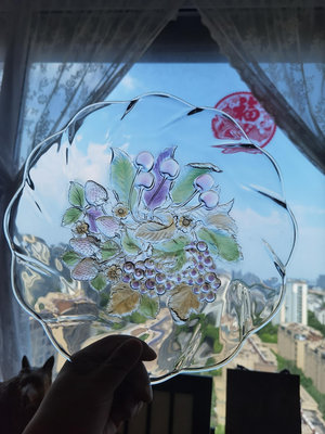 日本soga超大彩色葡萄玻璃 浮雕 果子器 水果盤，有輕微擺9049