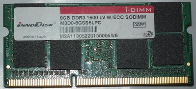 伺服器NAS工業電腦INNODISK記憶體DDR3-1600 1.35V SODIMM 8G LV W/ECC 8GB