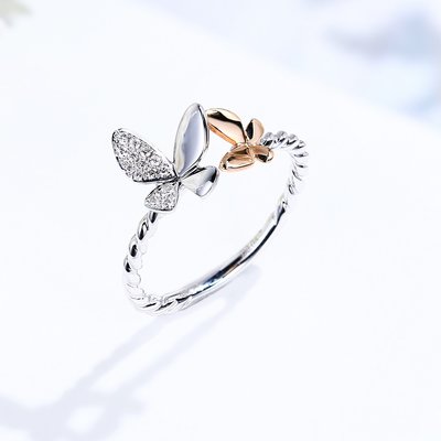 【馬格斯珠寶】18k 白金蝴蝶鑽石戒指 雙色簡約鑽石戒指  小資感動專案價 精緻美品  246