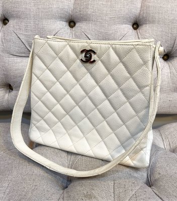 Chanel 二手真品 vintage 古董 白色 荔枝皮 銀釦 雙面 手提包 肩背包 雙子星